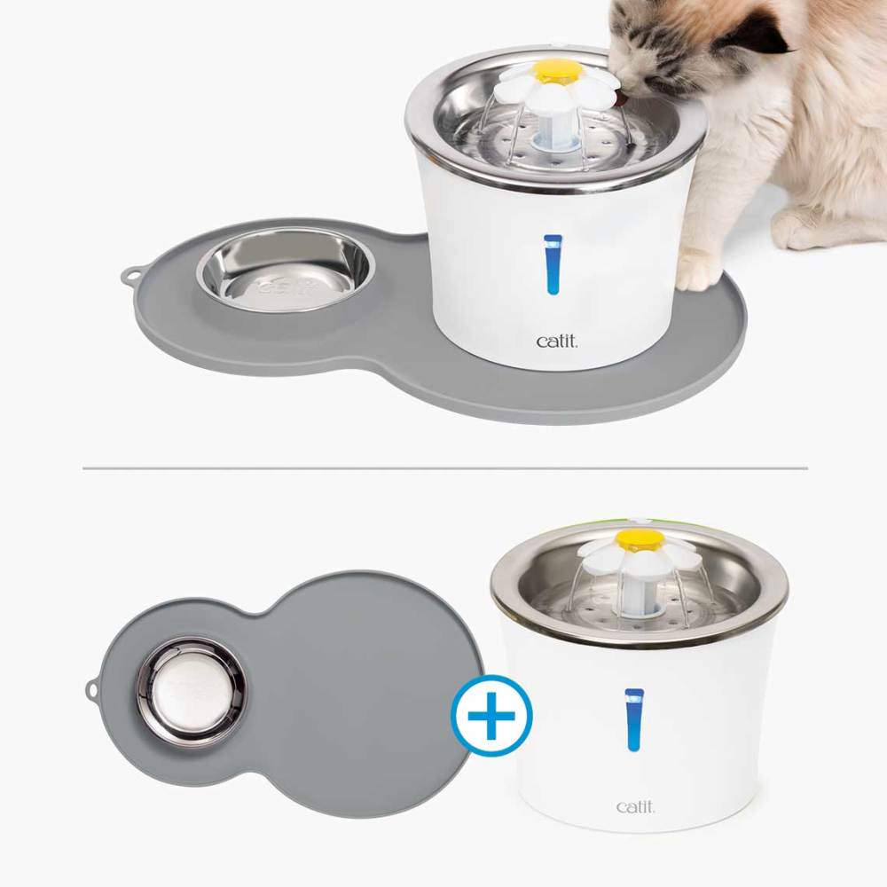 Catit Flower Fountain & Multi Feeder Bundle - Cat Water Fountain With 3 Flow Settings & Feeding Station