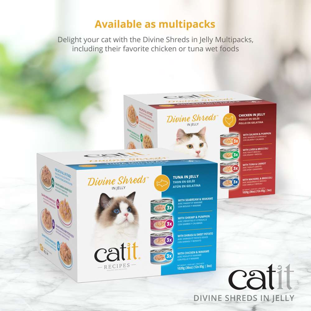 Garnitures Catit Divine Shreds en gelée – Poulet – paquet de 4