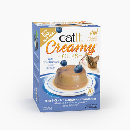 Creamy cups cat treats tuna and chicken mousse with blueberries 