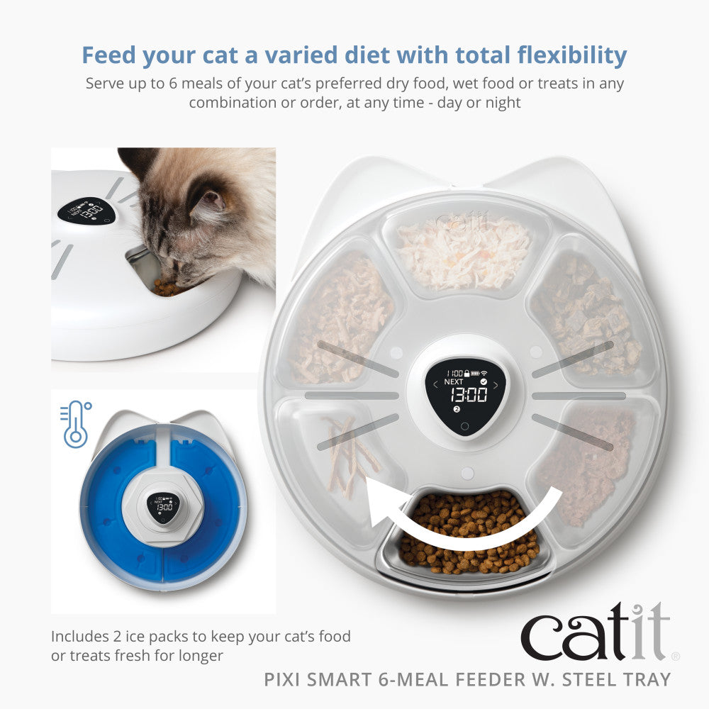 Feed your cat a varied diet with total flexbility Pixi Smart 6-Meal Feeder W. Steel Tray