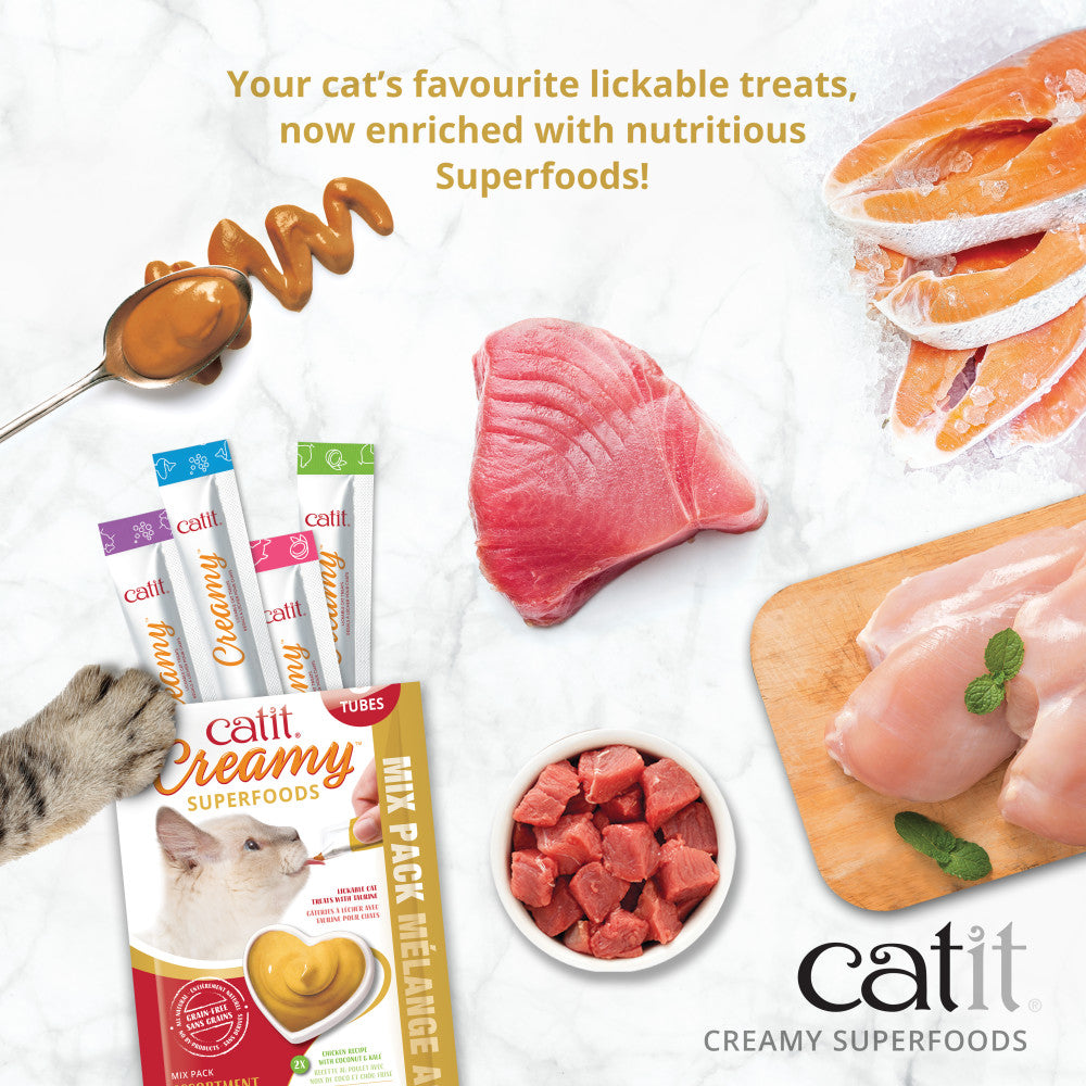 Creamy superfoods your cat's favourite lickable treats, now enriched with nutritious Superfoods!